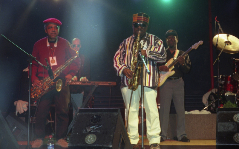 The Skatalites from left to right: Rolando Alphonso, Bill Smith, Lester Sterling, Devon James, Palladium Geneva 1996