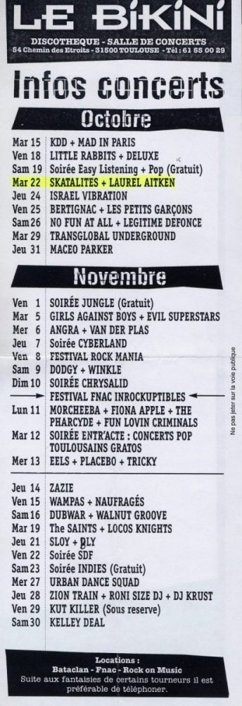 Flyer from Le Bikini, Toulouse, october-november 1996