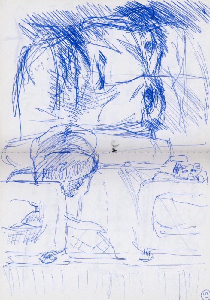 Painting by Jeff Lucas into my diary, his view in the van with me sitting in front on the left as Captain Claude, on the Skasplash tour 1996