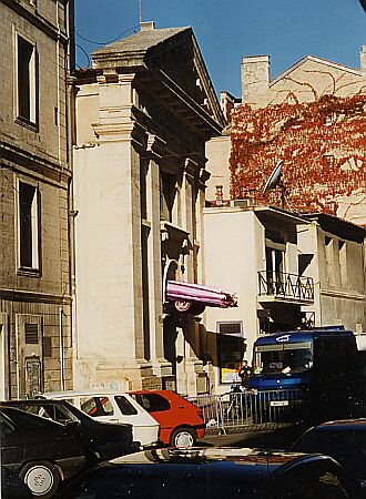 Entrance to Rockstore with the Cadillac over the door and the blue van beside, Montpellier 1996