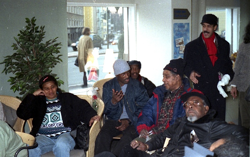 Hotel lobby with Doreen Shaffer, man from Ethiopia, Laurel Aitken, Rolando Alphonso, Lloyd Knibb, Julio Romero, Helsinki, Finland 1996