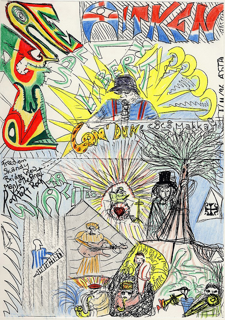 Updated diary painting while watching Laurel Aitken & The Skatalites from the DJ-set in Libre Tutti, Aosta 1996